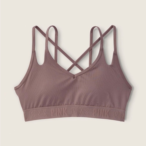 VS Pink Large Ultimate Strappy Lightly Lined Sports Bra & Panty NEW ICED COFFEE - Picture 7 of 16